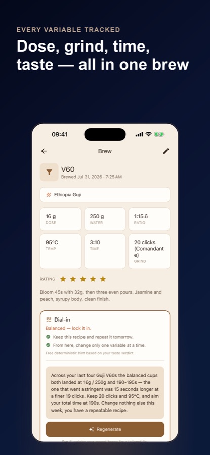 Pantalla de detalles de una preparación de V60 con dosis, agua, proporción, temperatura, tiempo, molienda en clics, valoración y una tarjeta de Ajuste