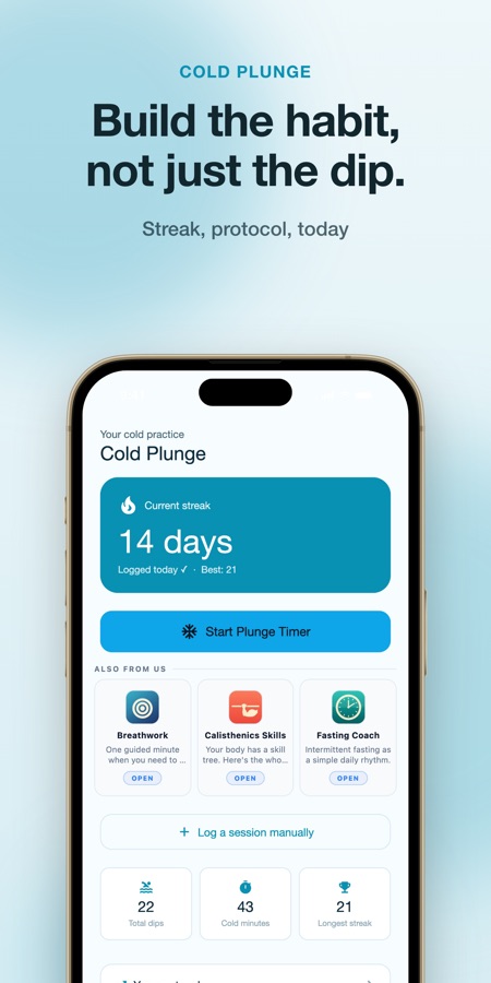 Cold Plunge home screen showing a 14-day streak, a Start Plunge Timer button, and total dips, cold minutes and longest streak