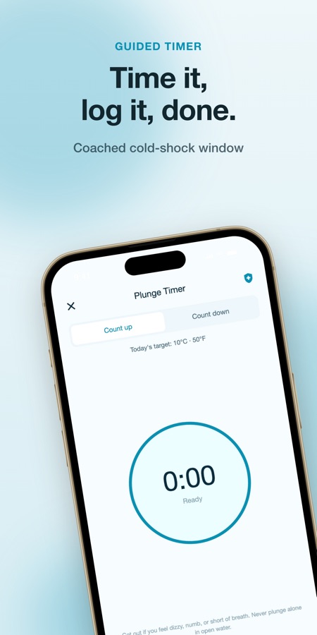 Cold Plunge timer screen set to count up, showing today's target temperature and a safety reminder
