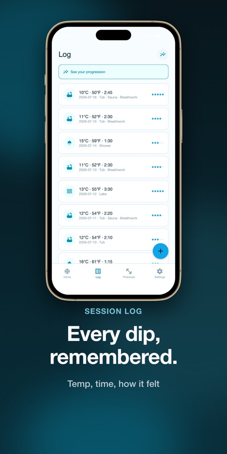 Cold Plunge session log listing past dips with temperature, duration, method and feel rating