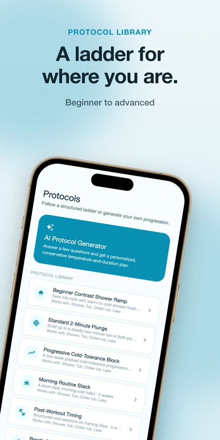 Cold Plunge protocol library screen listing starter and advanced cold-exposure ladders plus the AI protocol generator
