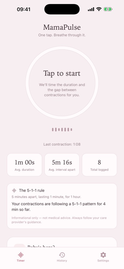 MamaPulse timer screen showing a tap-to-start circle, average duration, average interval and the 5-1-1 pattern check