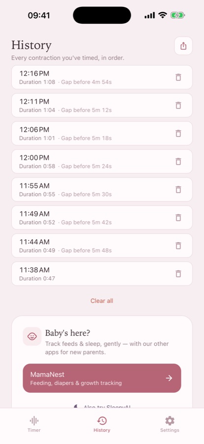 MamaPulse history screen listing logged contractions with time, duration and the gap before each one