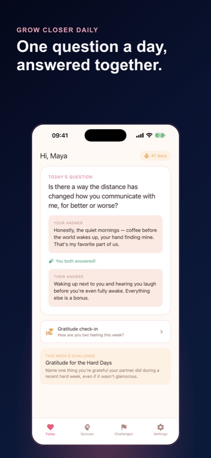 Couples Connect Today screen showing the daily question with both partners' answers revealed