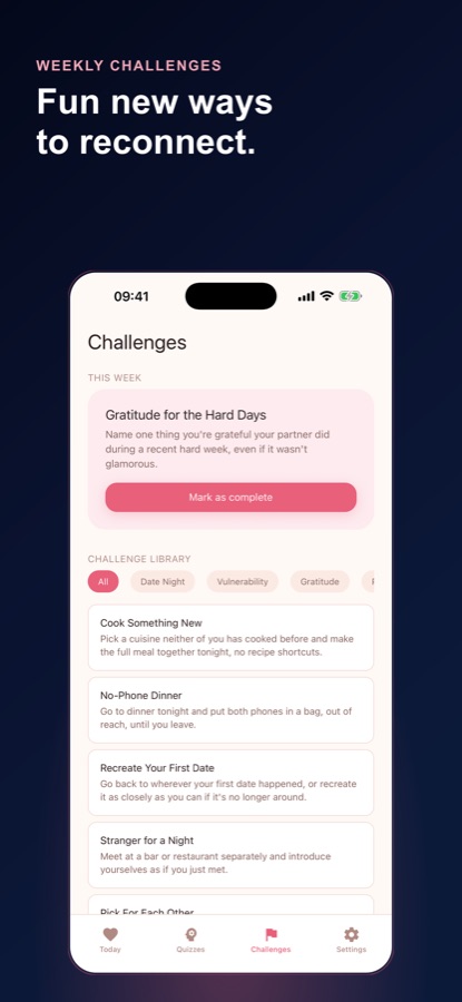 Couples Connect weekly challenges screen listing shared missions by theme