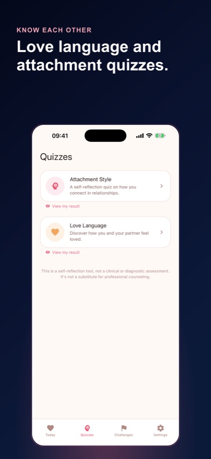 Couples Connect quizzes screen listing the attachment style and love language quizzes