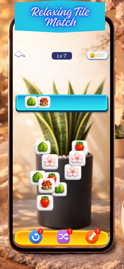 Cozy Tile Garden level 7 screen headed Relaxing Tile Match, showing a coin count of 1150, a two-slot tray already holding a leaf and a house tile, a pile of leaf, strawberry, flower and house tiles stacked around a potted snake plant, and a bottom row of undo, shuffle and hint boosters