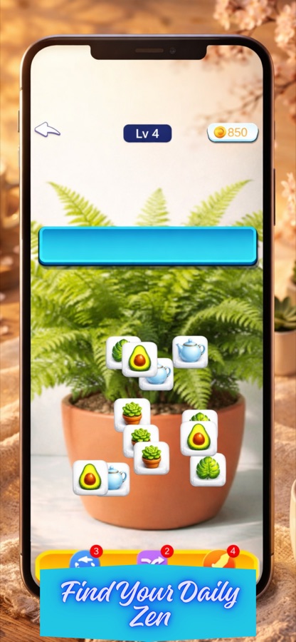 Cozy Tile Garden level 4 screen with an empty tray bar, 850 coins, a pile of avocado, teapot and succulent tiles arranged around a potted fern, undo, shuffle and hint boosters along the bottom, and a banner reading Find Your Daily Zen