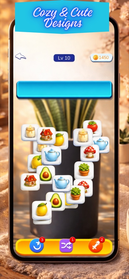 Cozy Tile Garden level 10 screen with 1450 coins, an empty tray, a tall layered pile of candle, house, lemon, strawberry, teapot, mushroom, avocado and succulent tiles around a potted plant, and a banner reading Cozy and Cute Designs