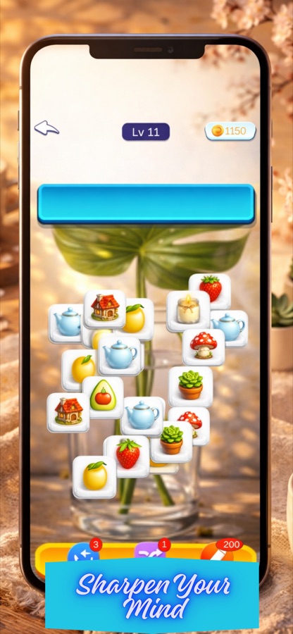 Cozy Tile Garden level 11 screen with 1150 coins, an empty tray, a wide pile of teapot, lemon, strawberry, candle, mushroom, succulent, avocado and house tiles arranged around a glass vase of leaves, and a banner reading Sharpen Your Mind