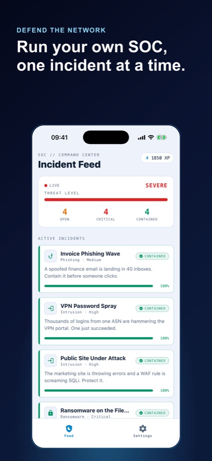 Incident Feed screen headed SOC Command Center, showing a live threat level bar marked severe, counts of open, critical and contained incidents, an XP counter, and a list of active incidents including Invoice Phishing Wave, VPN Password Spray, Public Site Under Attack and a ransomware case