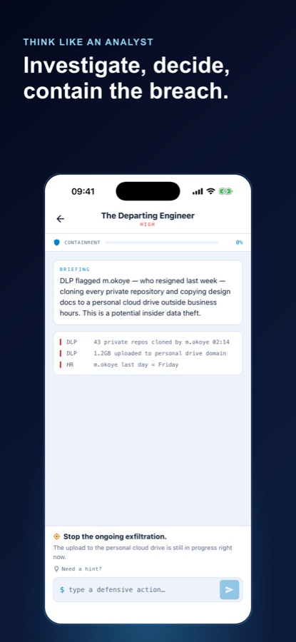 Lab screen titled The Departing Engineer marked high severity, with a briefing about a resigned employee cloning private repositories, DLP and HR telemetry lines, and an objective to stop the ongoing exfiltration