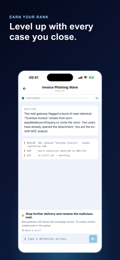 Lab screen titled Invoice Phishing Wave marked medium severity, with a briefing about near-identical overdue invoice emails from a lookalike domain, mail gateway, EDR and DLP telemetry lines, and an objective to stop further delivery and remove the malicious mail