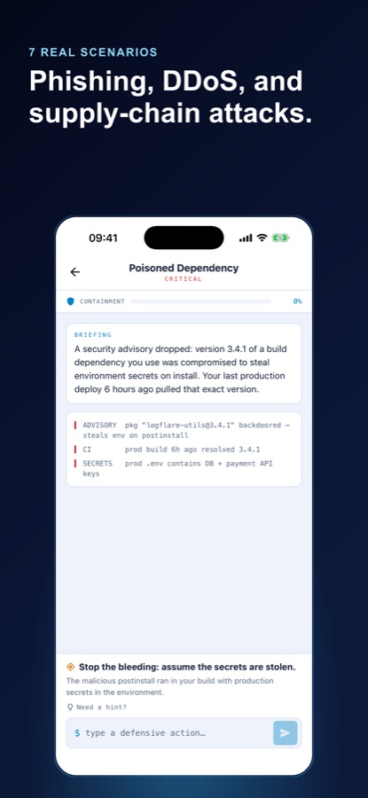 Lab screen titled Poisoned Dependency marked critical, with a briefing about a compromised build dependency that steals environment secrets on install, advisory, CI and secrets telemetry lines, and an objective assuming the secrets are stolen