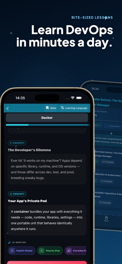 บทเรียน Docker พร้อมการ์ดแนวคิดเกี่ยวกับคอนเทนเนอร์ และปุ่ม AI Mentor