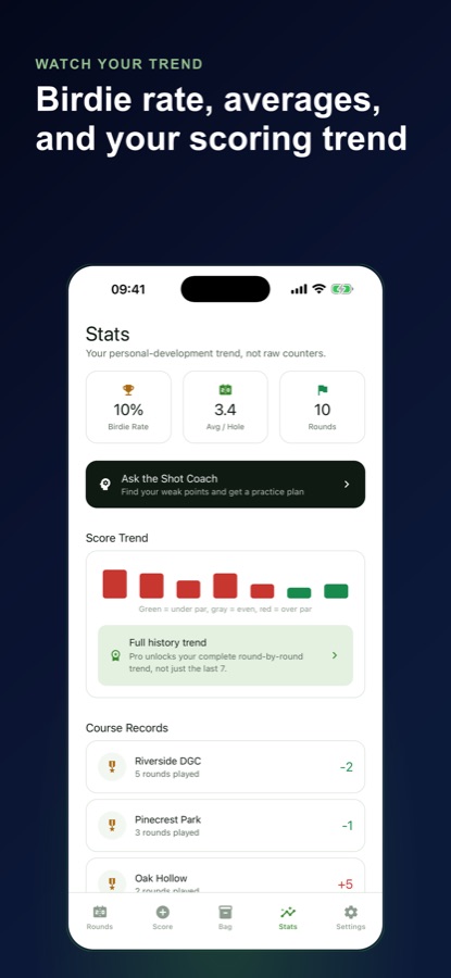 Stats screen with birdie rate, average per hole, rounds played, Shot Coach shortcut, score trend and course records