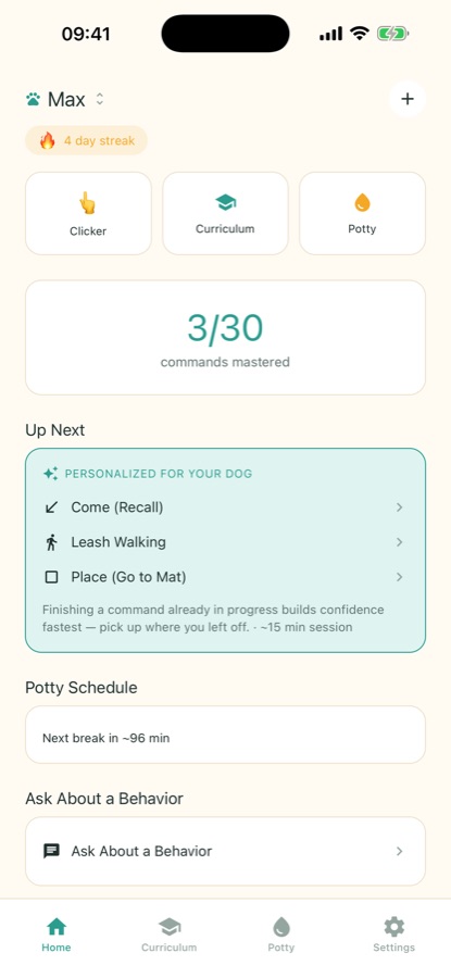 Dog Training home screen showing a 4-day streak, commands mastered count and a personalized up-next list