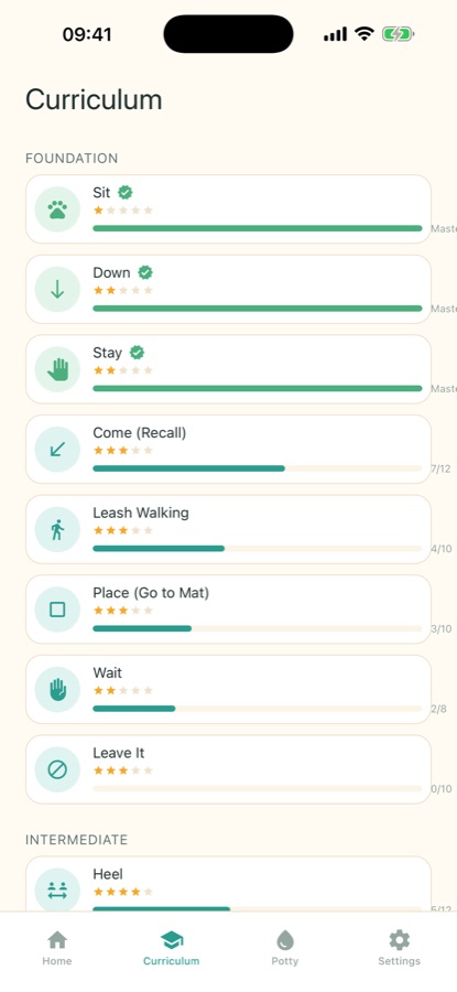 Dog Training curriculum screen listing Foundation and Intermediate commands with star ratings and progress bars