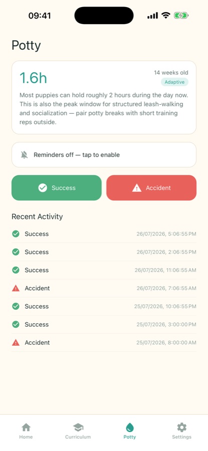Dog Training potty screen showing an adaptive interval, recent successes and accidents with timestamps