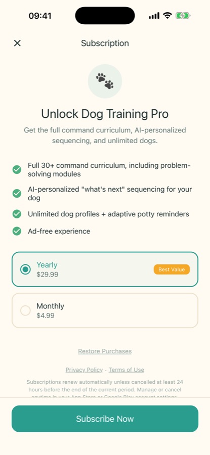 Dog Training Pro subscription screen listing the full curriculum, AI sequencing and unlimited dog profiles