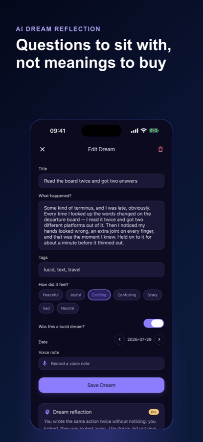 Edit Dream screen with a title, description, tags, mood, a lucid dream toggle and a voice note field