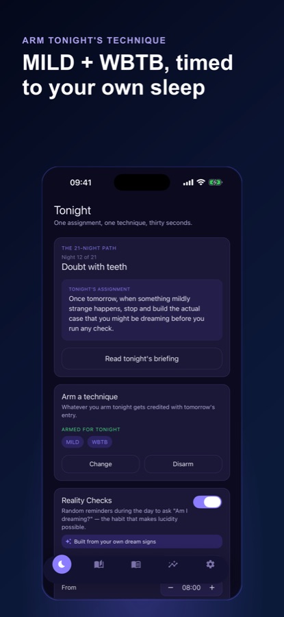 Tonight tab with the 21-night path assignment, a technique armed for tonight and a reality check toggle