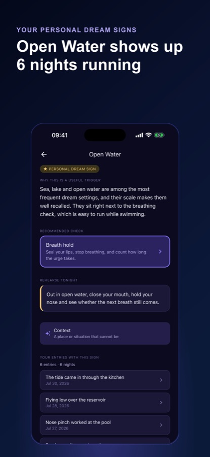 Dream sign detail page with why it is a useful trigger, a recommended reality check and entries containing the sign