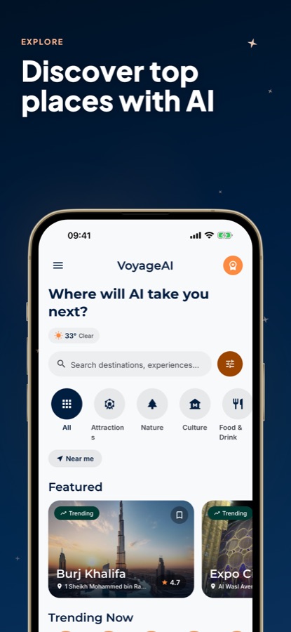 Dubai Guide - VoyageAI explore screen with search, category filters and the Burj Khalifa as a featured place