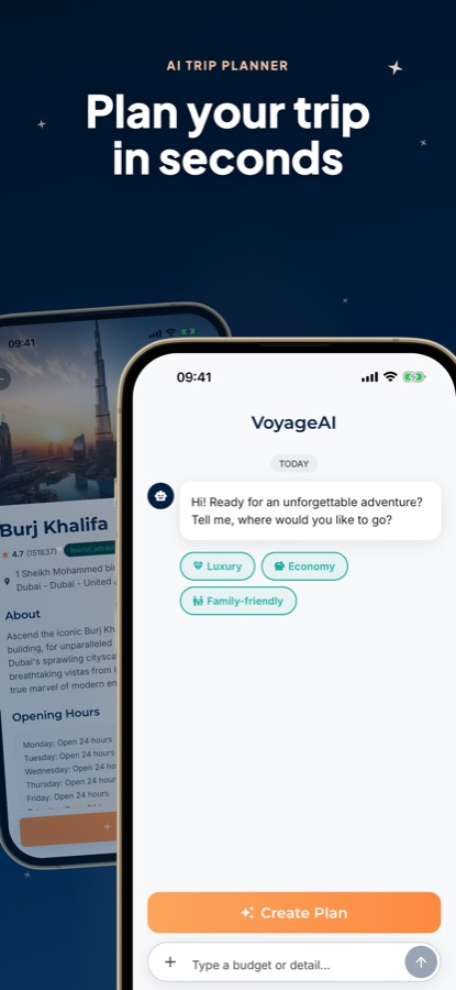 Dubai Guide - VoyageAI AI trip planner chat screen with budget style options over the Burj Khalifa detail page