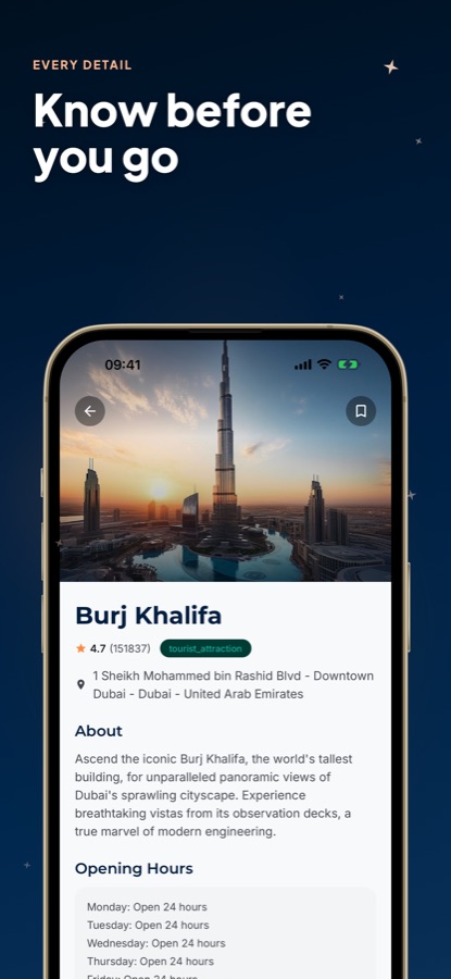 Dubai Guide - VoyageAI place detail screen for Burj Khalifa with rating, address and opening hours