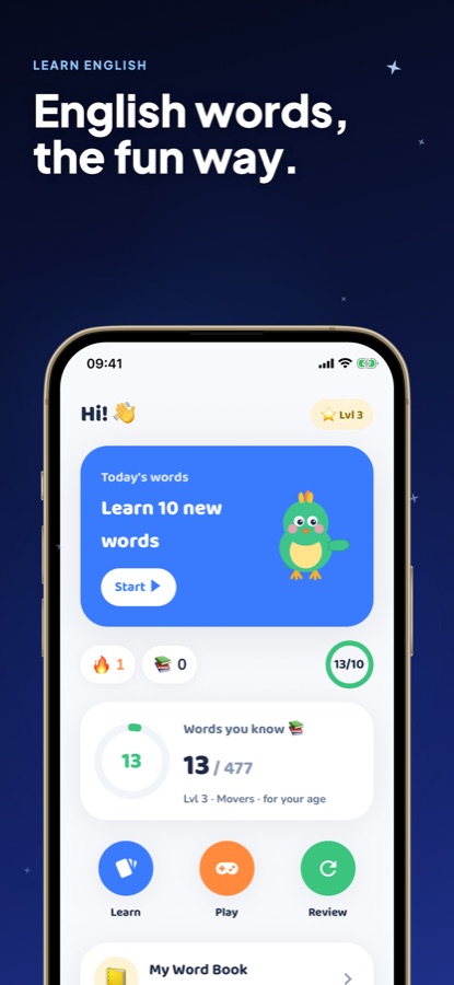 Wordzy home screen greeting the child with today's word goal, a streak counter and words-known progress