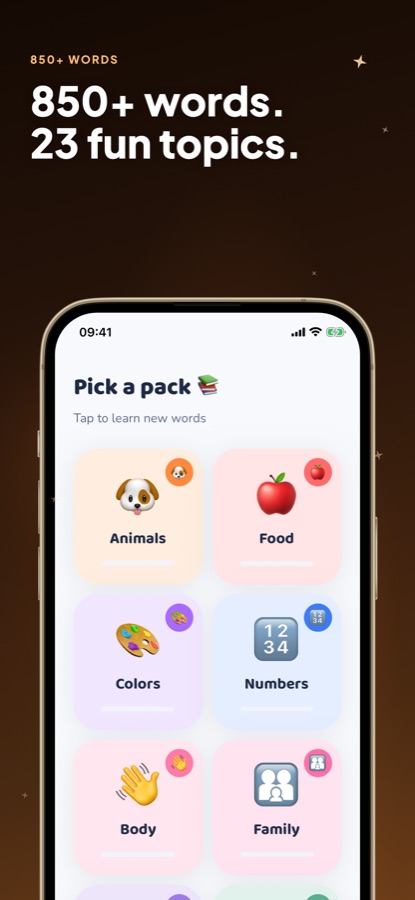 Wordzy topic selection screen showing packs for Animals, Food, Colors, Numbers, Body and Family