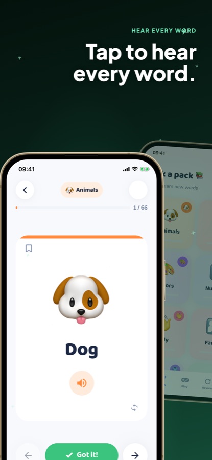 Wordzy flashcard screen showing a picture of a dog with the word Dog and a tap-to-hear audio button