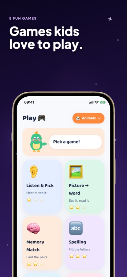 Wordzy Play screen listing mini-games including Listen & Pick, Picture to Word, Memory Match and Spelling