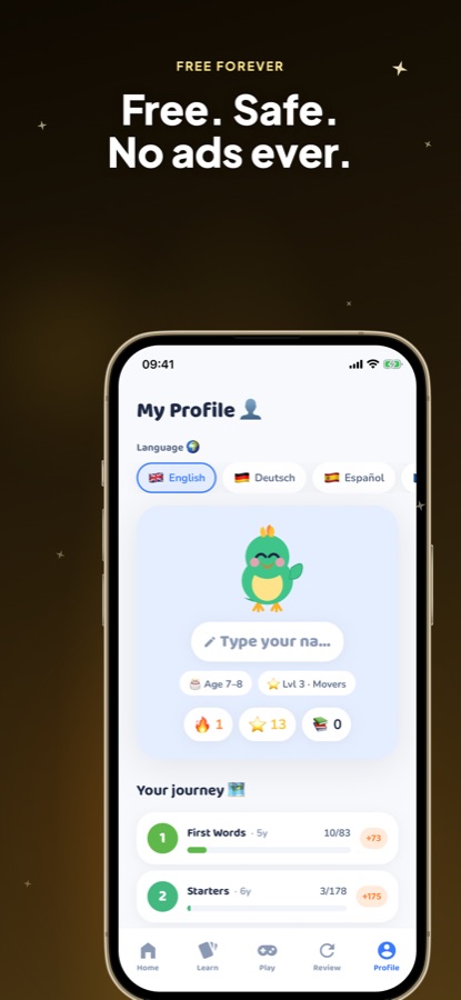 Wordzy profile screen showing a language selector, age, level and progress through First Words and Starters