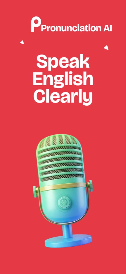 English Pronunciation AI store graphic with a microphone and the words Speak English Clearly