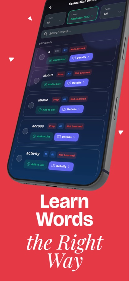 Essential Words list at Beginner A1 level with filters, Add to List and Details buttons and Not Learned tags