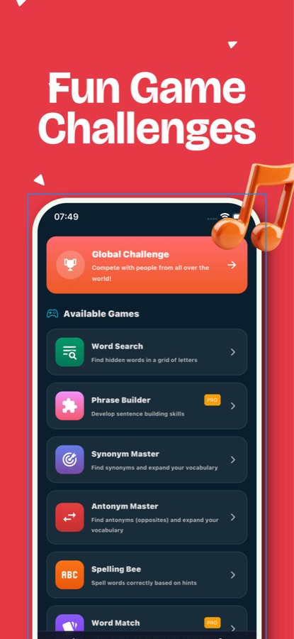 Games screen with a Global Challenge banner and Word Search, Phrase Builder, Synonym Master, Antonym Master, Spelling Bee and Word Match