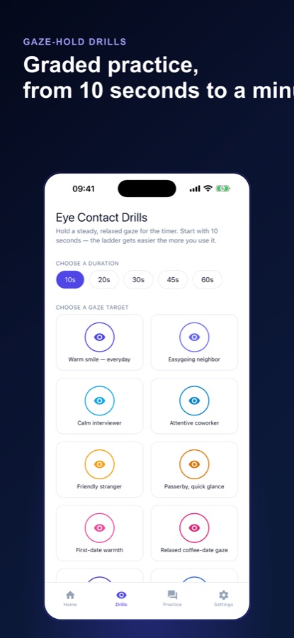 Eye Contact drills screen with a duration selector for 10, 20, 30, 45 and 60 seconds and a grid of gaze targets like warm smile and calm interviewer