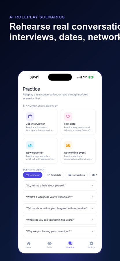 Eye Contact practice screen with AI conversation roleplay cards for job interviewer, first date, new coworker and networking event, plus a scenario library with sample interview questions