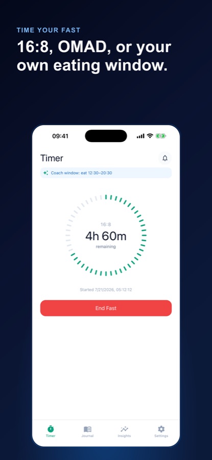 Fasting Coach timer screen showing a 16:8 fast with 4 hours 60 minutes remaining and an End Fast button