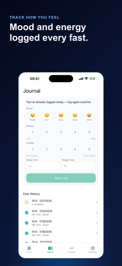 Fasting Coach journal screen for logging mood, energy, hunger, sleep and weight after a fast