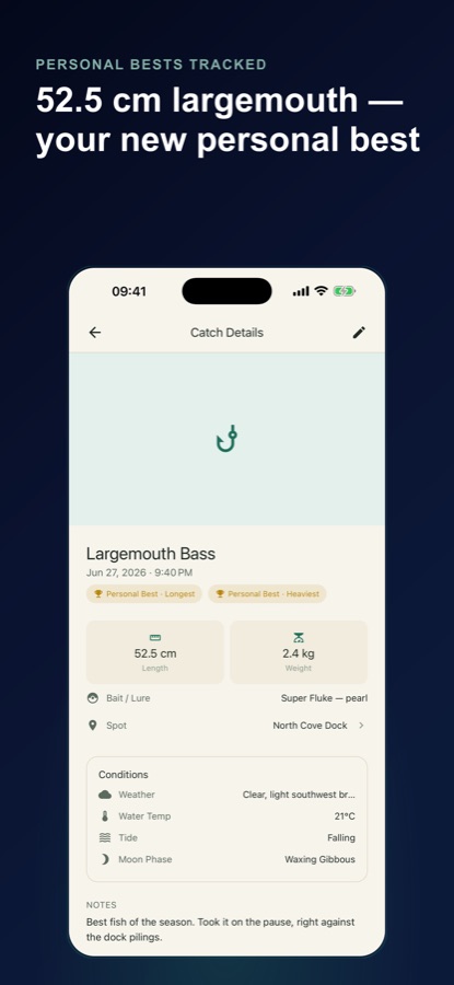 Fishing Log catch detail screen showing a personal best catch with conditions recorded
