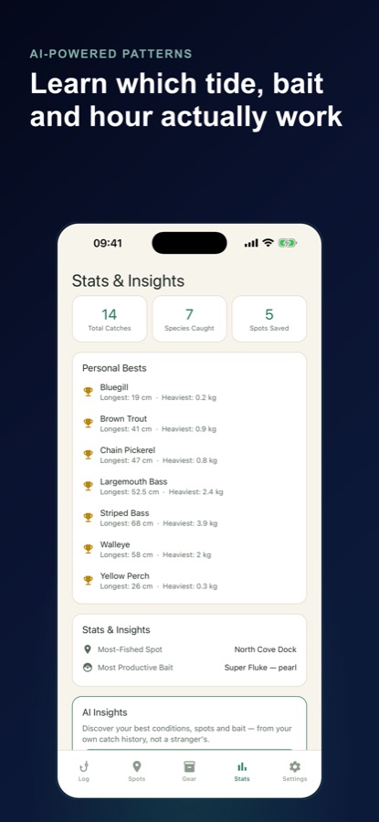 Fishing Log stats screen showing personal bests per species and AI insights