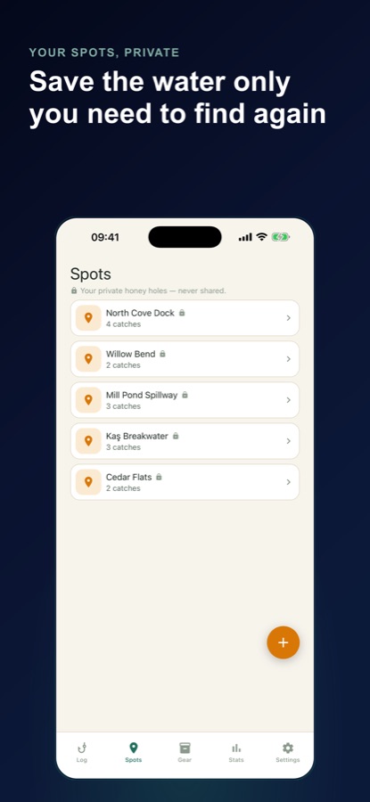 Fishing Log spots screen listing private fishing spots with catch counts