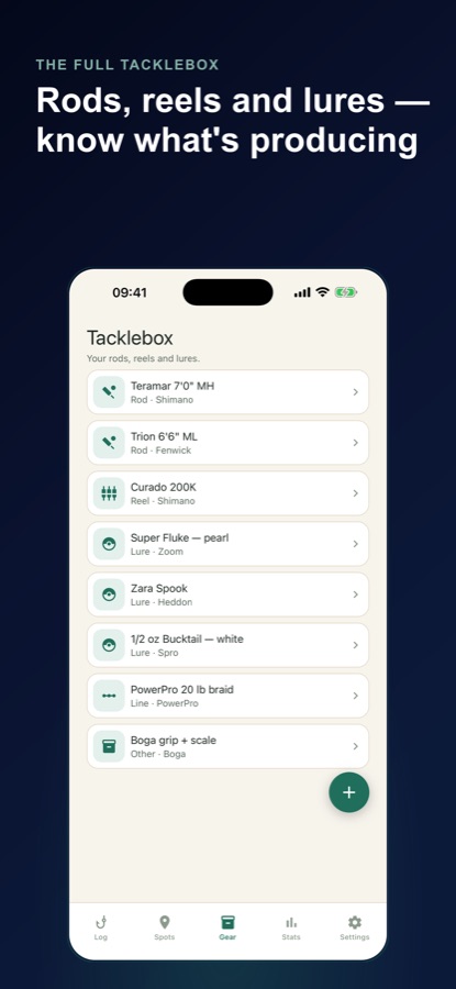Fishing Log tackle box screen listing rods, reels and lures