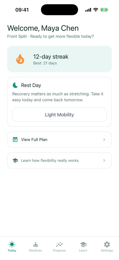 Flexibility Trainer screen introducing the app's personalised stretching plan