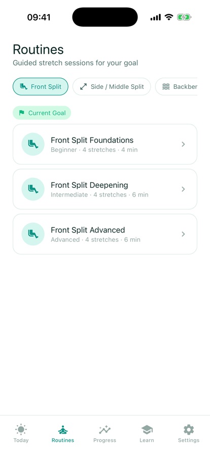 Flexibility Trainer screen showing goal tracks such as front split, middle split, and backbend