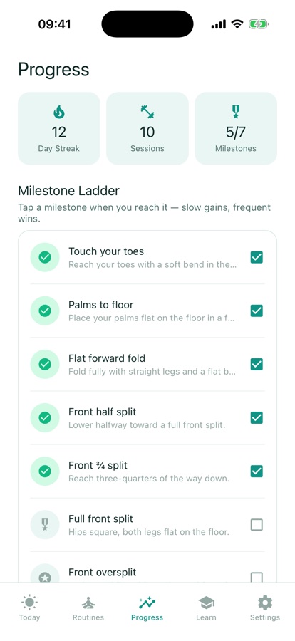 Flexibility Trainer guided routine player screen with a timed stretch hold and cue