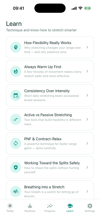 Flexibility Trainer progress screen showing milestones, streak, and session history